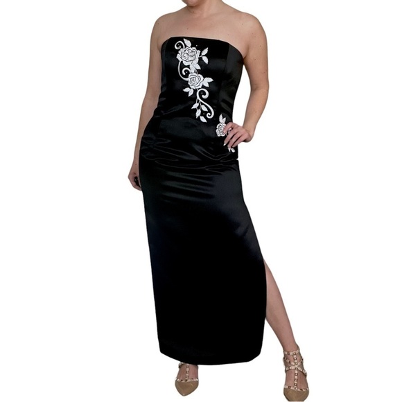 Jessica McClintock x Gunne Sax Strapless Black Formal Dress White Rose VTG 90’s - Picture 1 of 13